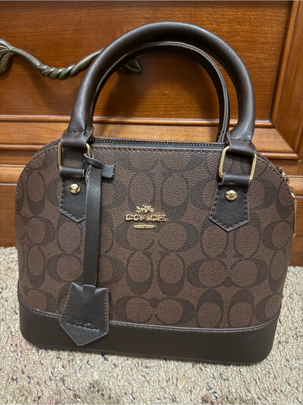 Coach Brown Signature Canvas Dome Satchel with Dark Leather Trim